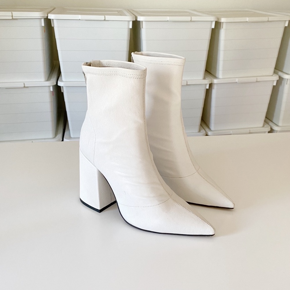 Alias Mae White Pointed Toe Block Heel Ankle Boots
